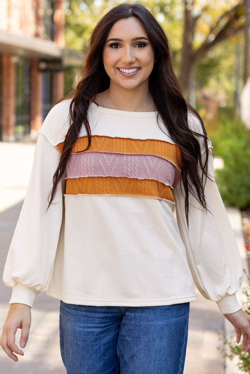 White top with drooping sleeve in patchwork knit *