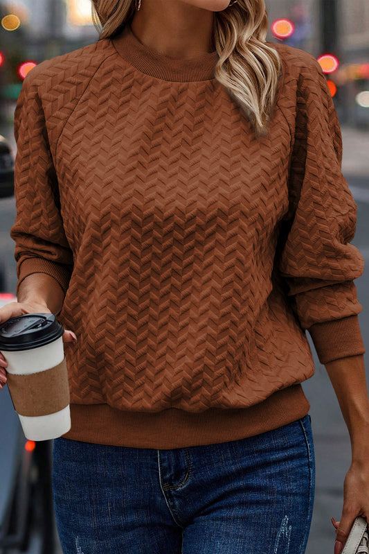 Chestnut Solid Textured Raglan Sleeve Pullover Sweatshirt