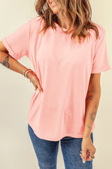 Camiseta rosa casual de color redondo