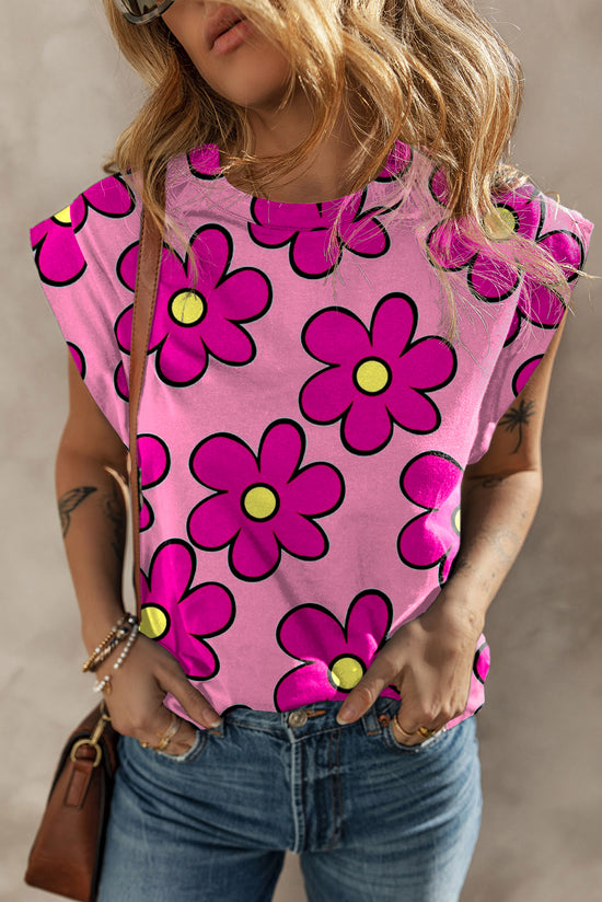 Camiseta de manga corta y cuello estampado de flores rosa