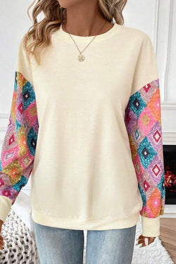 Apricot geometric print long sleeve crew neck top