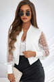 White zip-up bomber jacket with braided mesh sleeves