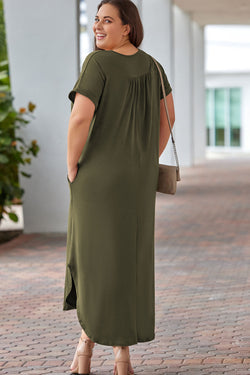 Green Green Dress with V -neck and large rolled cuffs