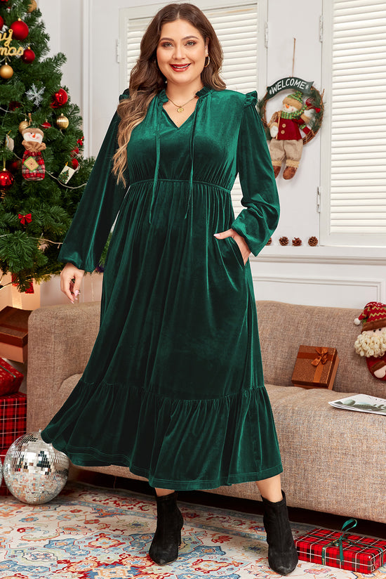 Robe midi en velours vert noirâtre à col volanté et taille haute, grande taille