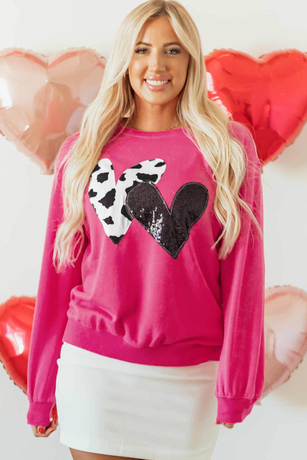 Sweat-shirt graphique à double cœur et paillettes rose fraise