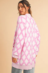Cardigans en tricot à motif losange rose, ouverts sur le devant, avec poches-A WOMAN WE LOVE