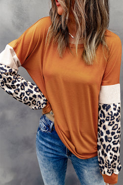 Brown long sleeve top with leopard sequin patchwork