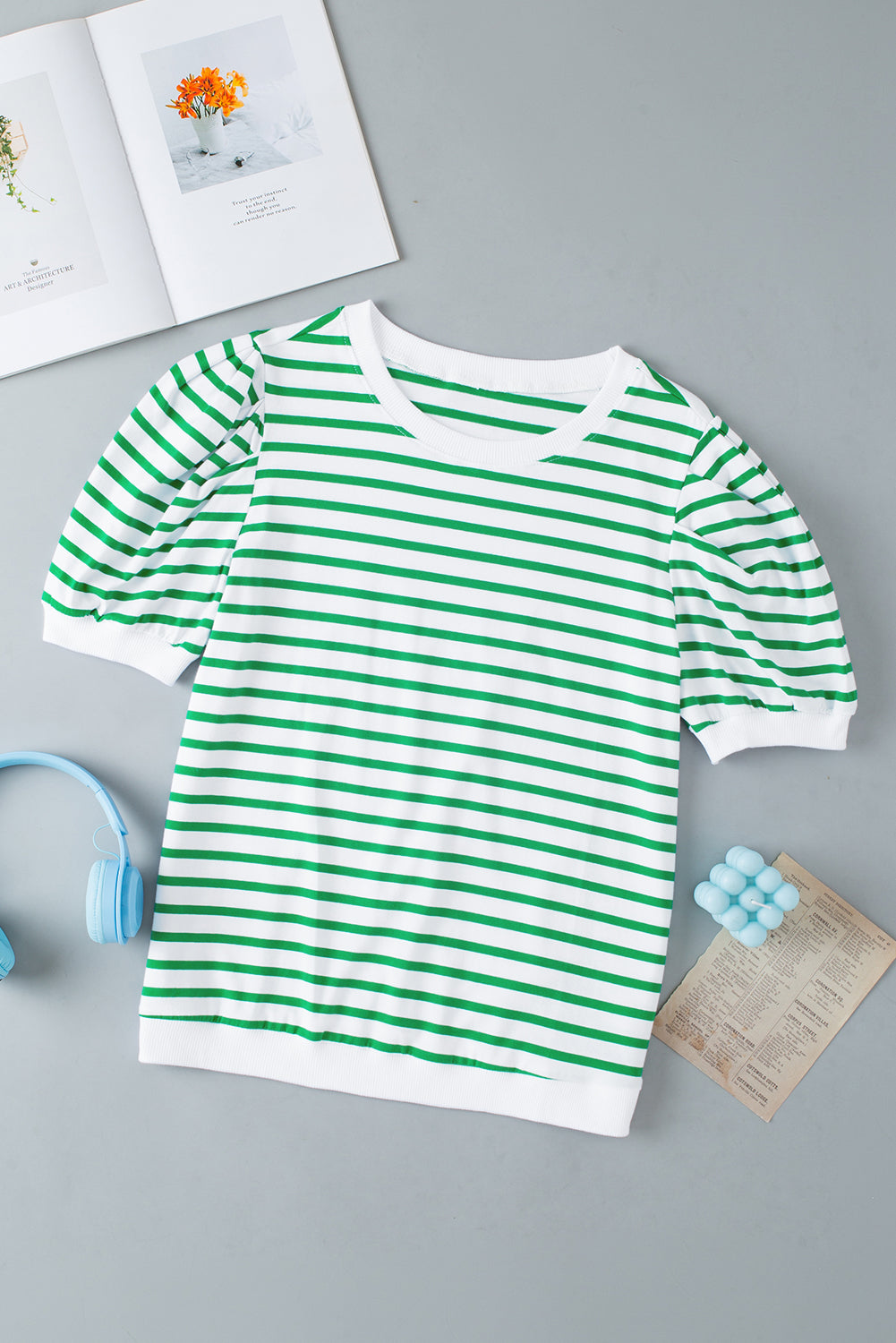 Green Stripe Puff Sleeve Elegant T-shirt