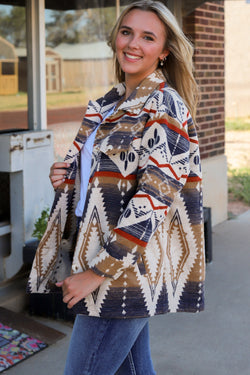 Oversized buttoned jacket with multi-colored Aztec print