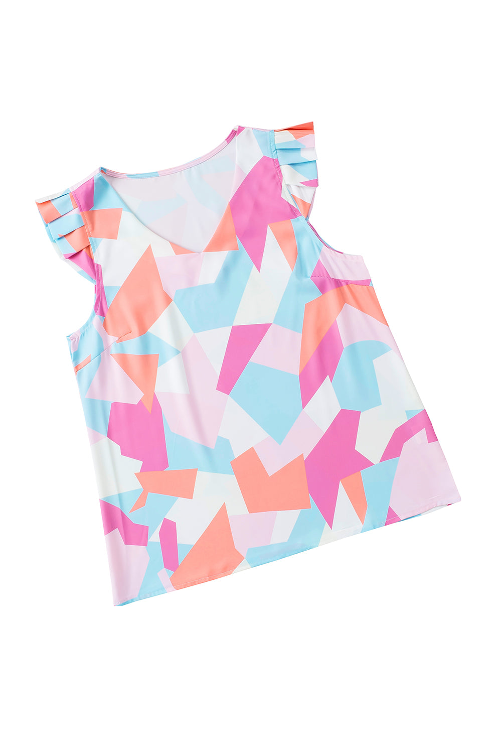 Multikolor Pastell Geometrische Druck V-Ausschnitt Falten Cap Sleeve Top