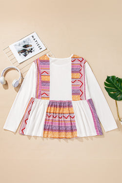 High white babydoll with long sleeves and ruffle tunic in patchwork printed western western