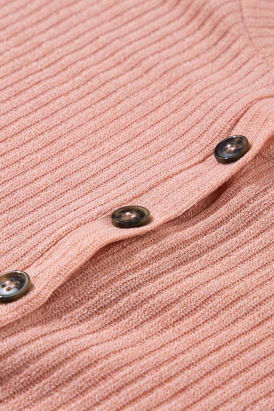 Rose Tan - Ribbed Textured Henley Knit Top