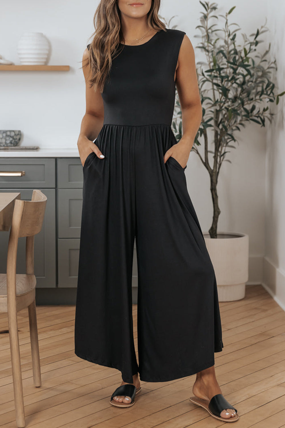 Schwarz Open Back Wide Bein Jumpsuit