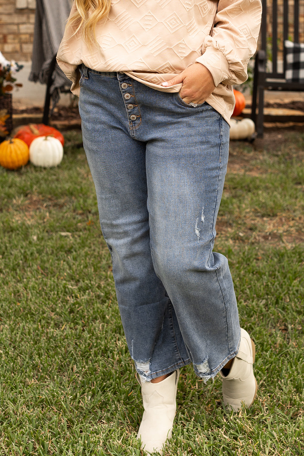 Plus Size Mid Grey Straight Leg Ripped High Waisted Jeans with Button Fly