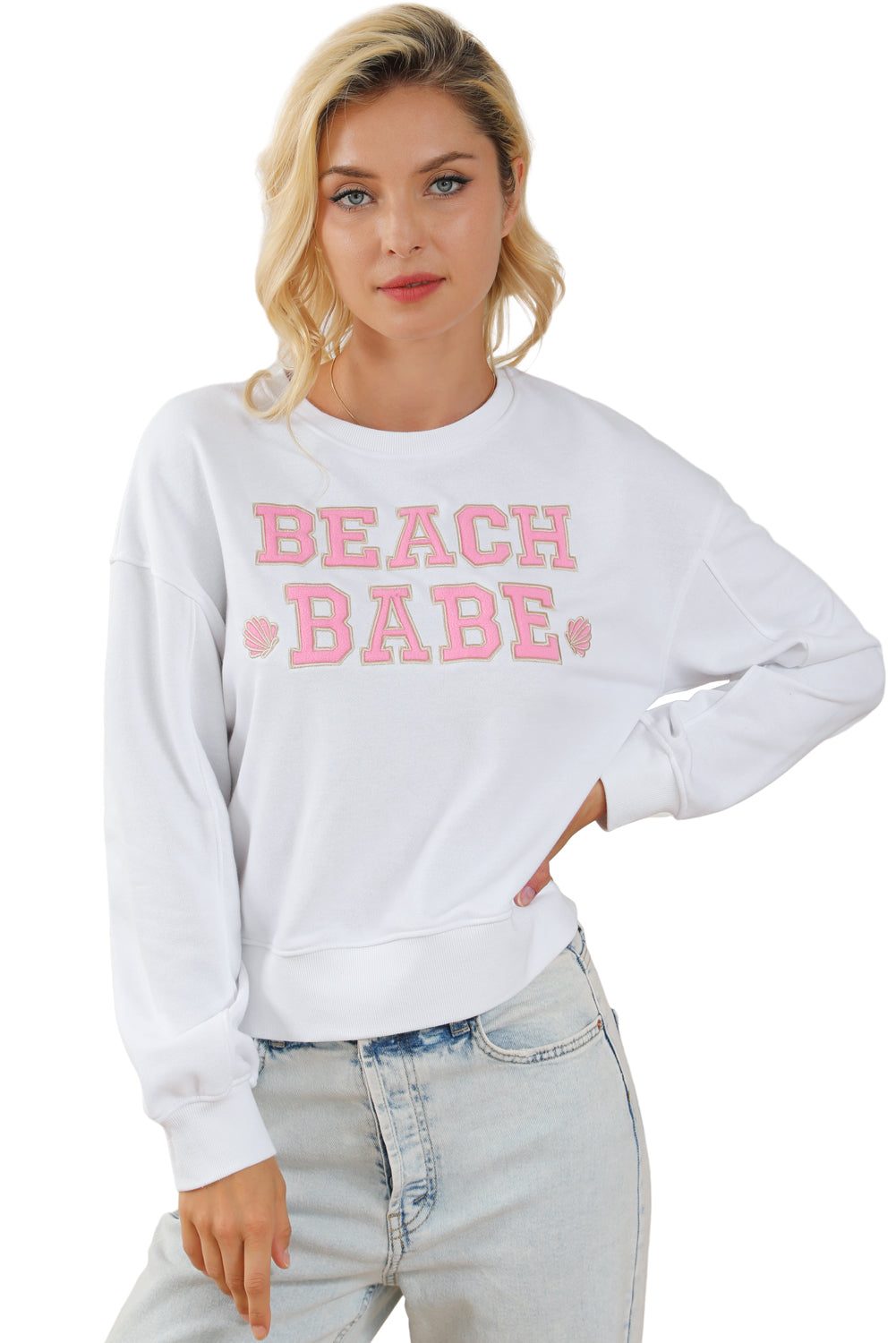 White BEACH BABE Slogan Graphic Casual Sweatshirt