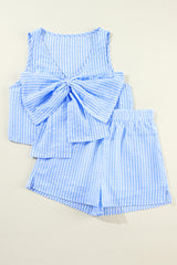 Ensemble débardeur court et short à rayures bleu ciel avec nœud papillon-A WOMAN WE LOVE