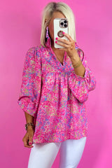 Blouse babydoll à col en V et imprimé  *-A WOMAN WE LOVE