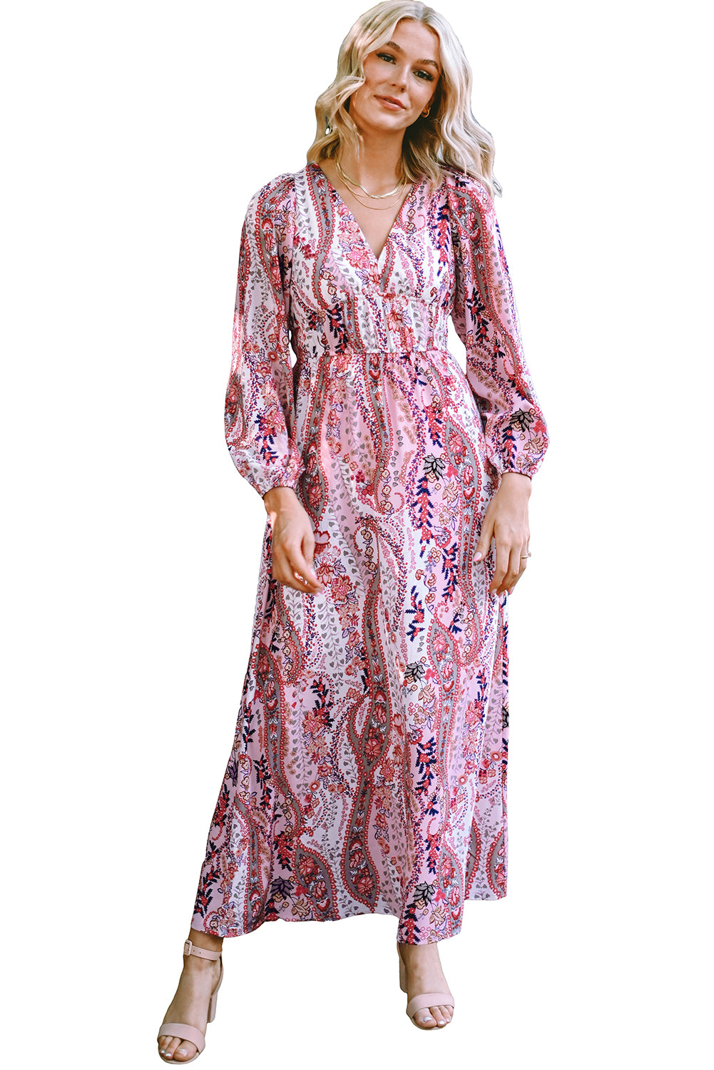 Multicolour boho paisley imprimer V couche-cou empire taille maxi robe