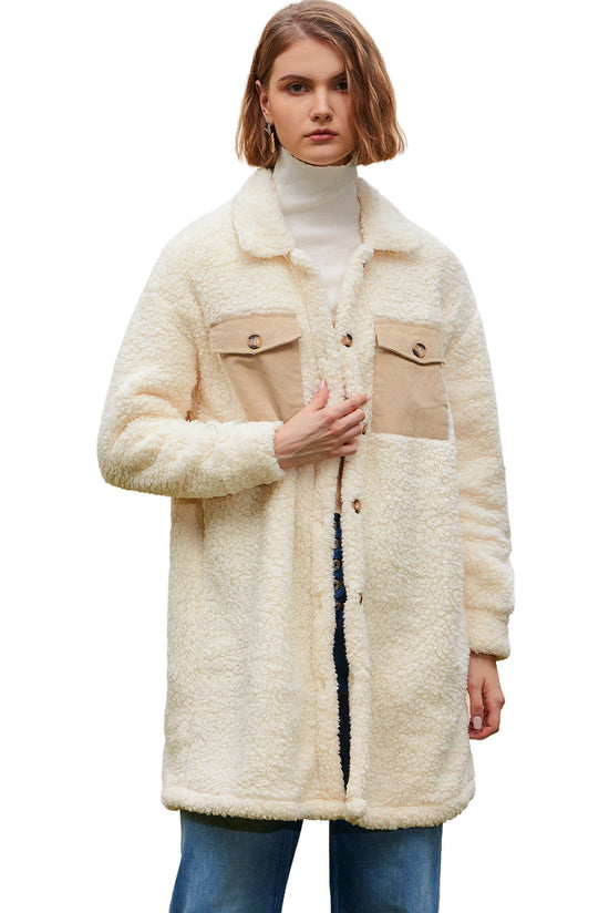 Manteau Teddy beige à simple boutonnage et poche à rabat contrasté