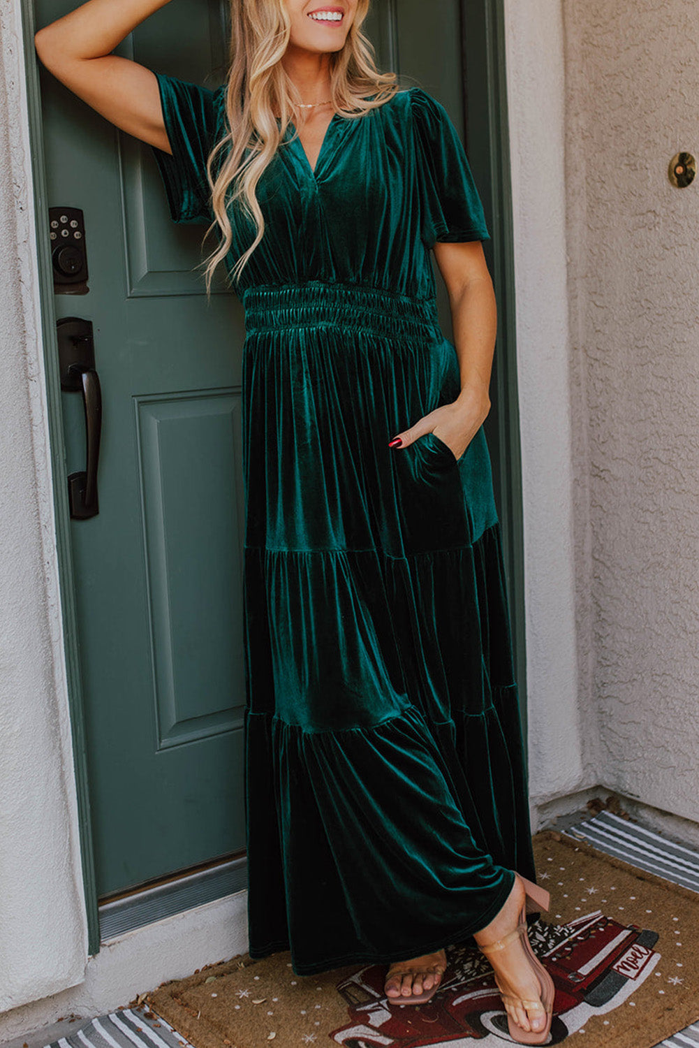 Evergreen Velvet Short Sleeve Shirred Waist Tiered Maxi Dress