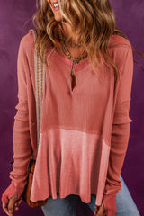 Mineral Red Waffle Knit Patchwork Top with Split Neck and Exposed Seams