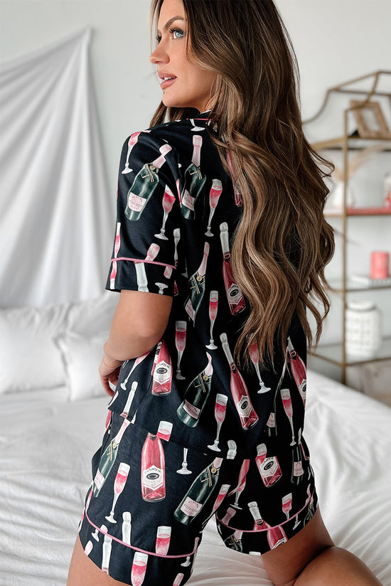 Single pajamas with short sleeves and black champagne print