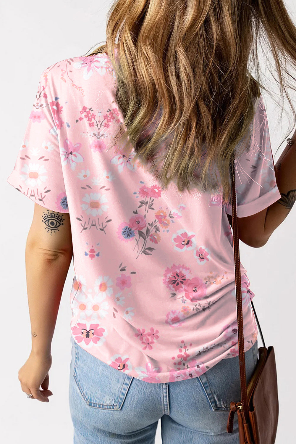 Camiseta de estampado floral Pink V Neck