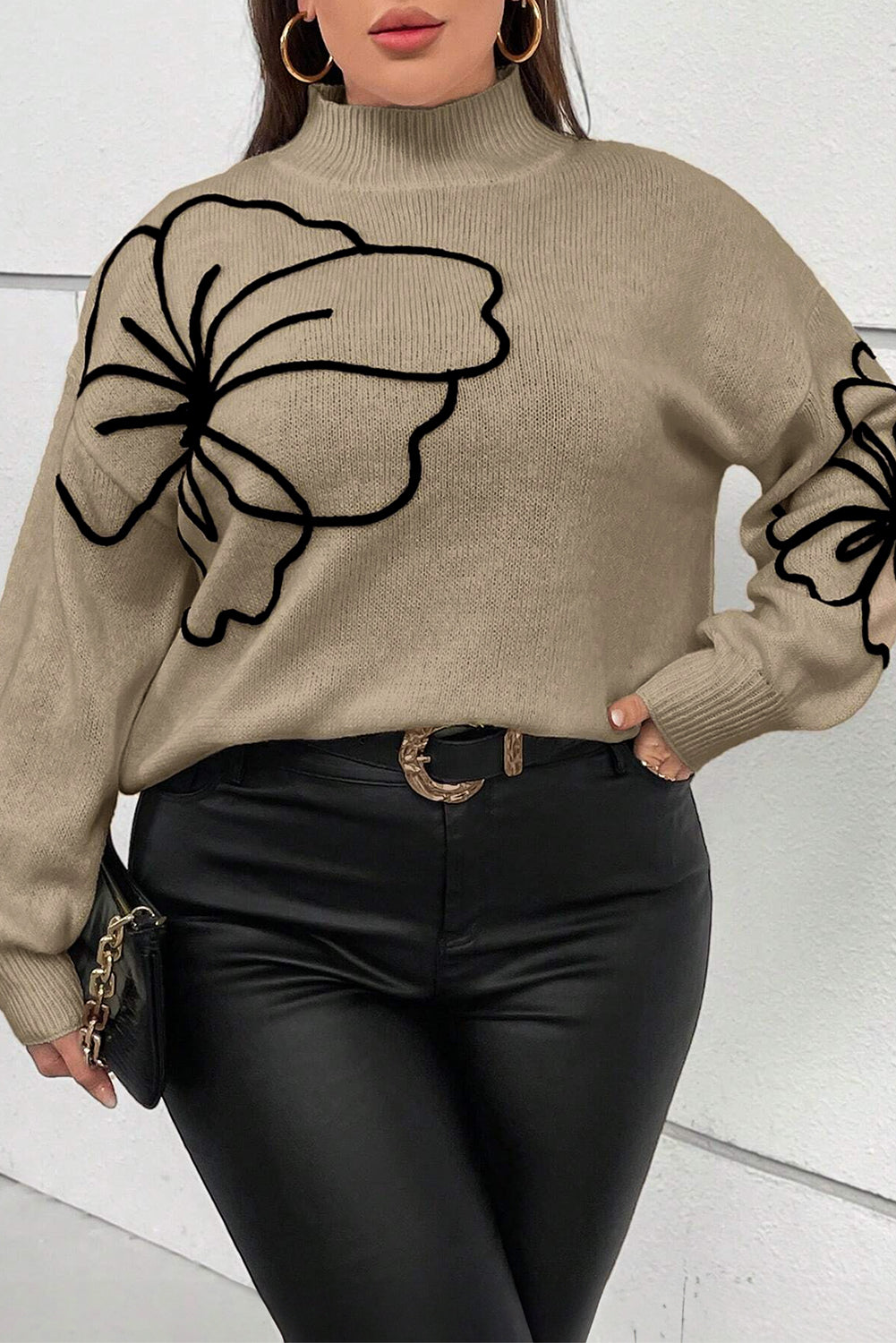 Pull kaki foncé de grande taille à motif de grandes fleurs, col haut, épaules tombantes