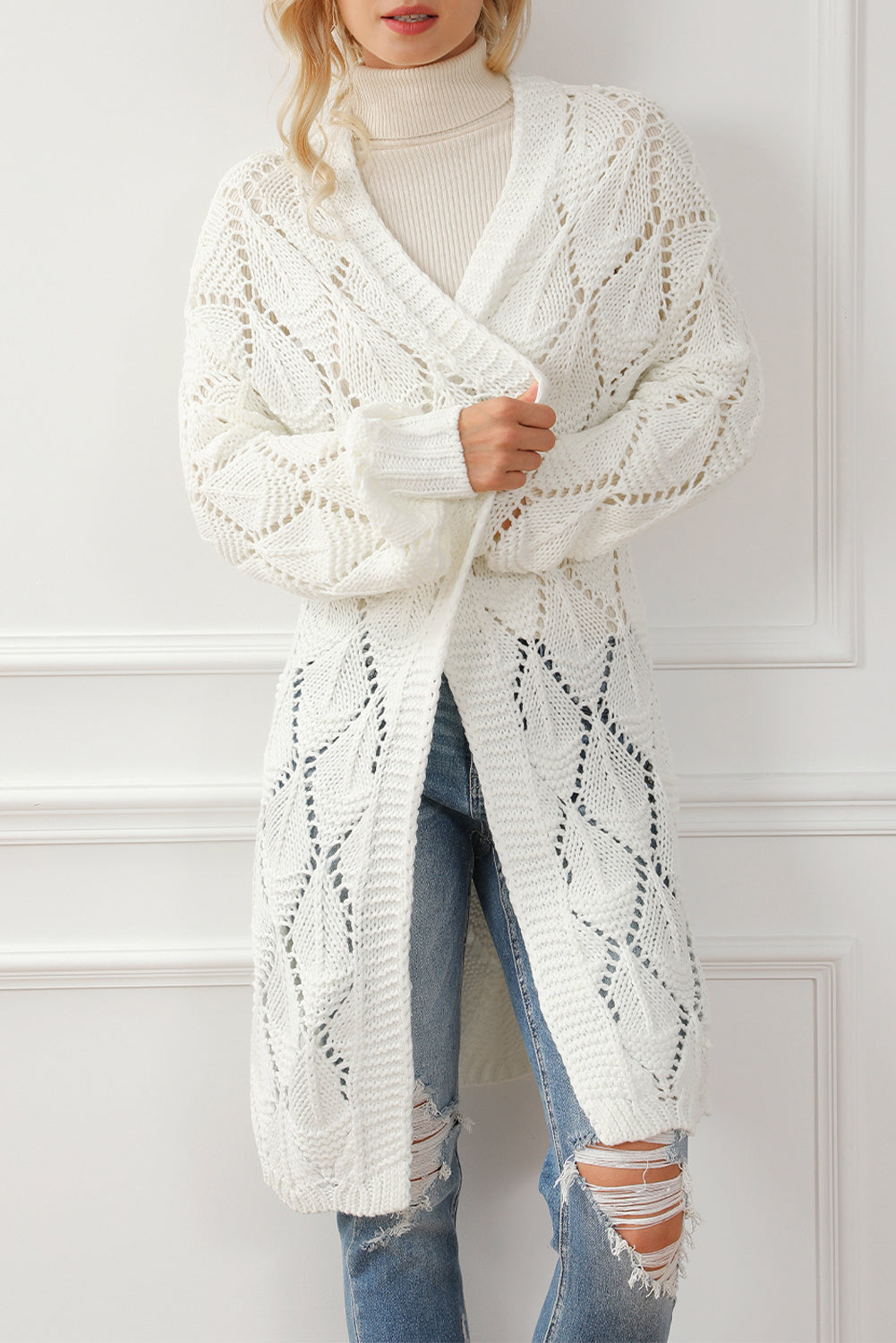 White Rhombus Hollowed Knit Open Front Cardigan