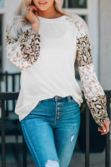 Leopard print beige puff sleeve top