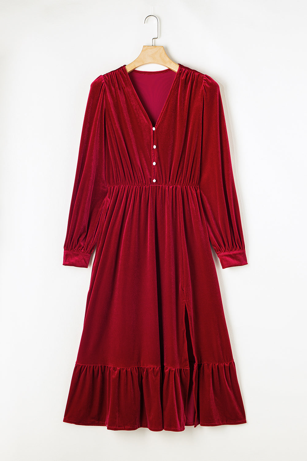 Racing Red Velvet Butted Puff Sleeve en V Coup Split Split MIDI Robe