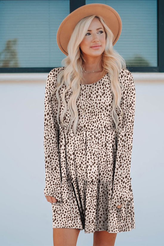 Long sleeve dress with ruffles and leopard animal print