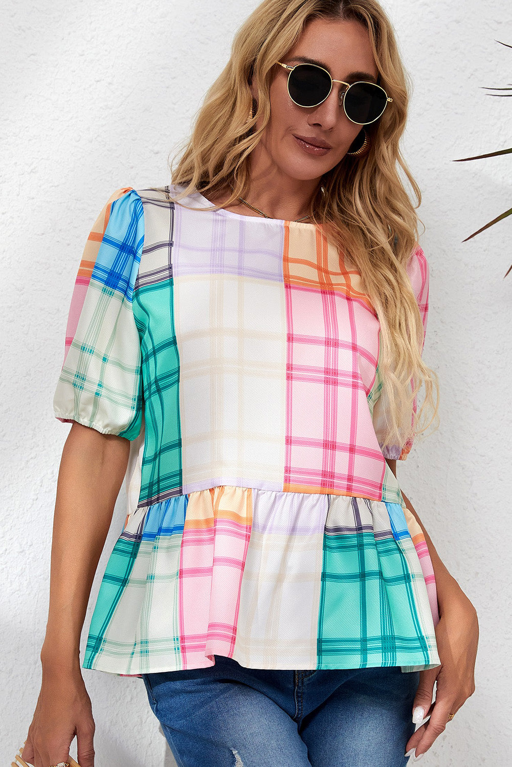 Multicolor Bold Plaid Color Block Puff Sleeve Peplum Top