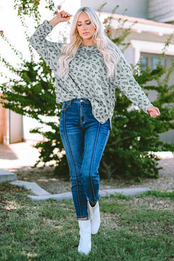 Leopard Animal Print Seamed Long Sleeve Loose Top