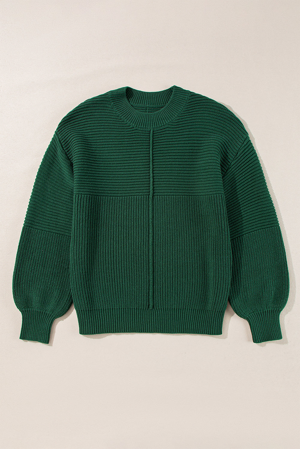 Blackish Green Textured Knit Round Neck Lantern Sleeve Sweater