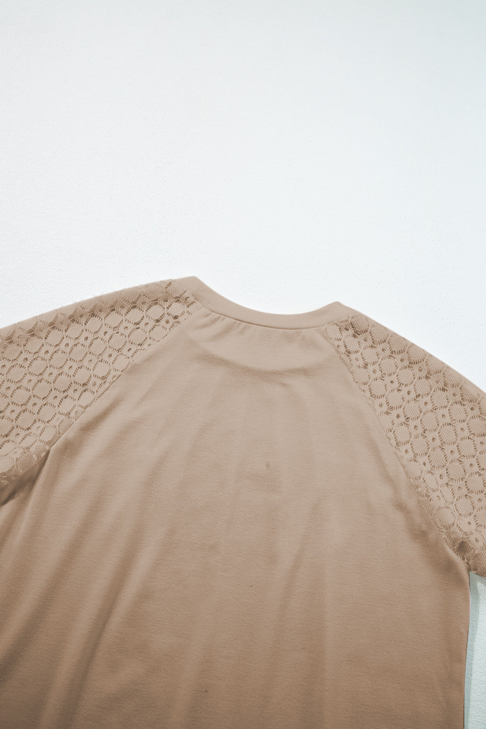 Blasse Khaki -Seamed Detail Kontrast Spitze Raglan -Ärmel Tee