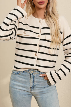 Black striped button cardigan with flap pocket