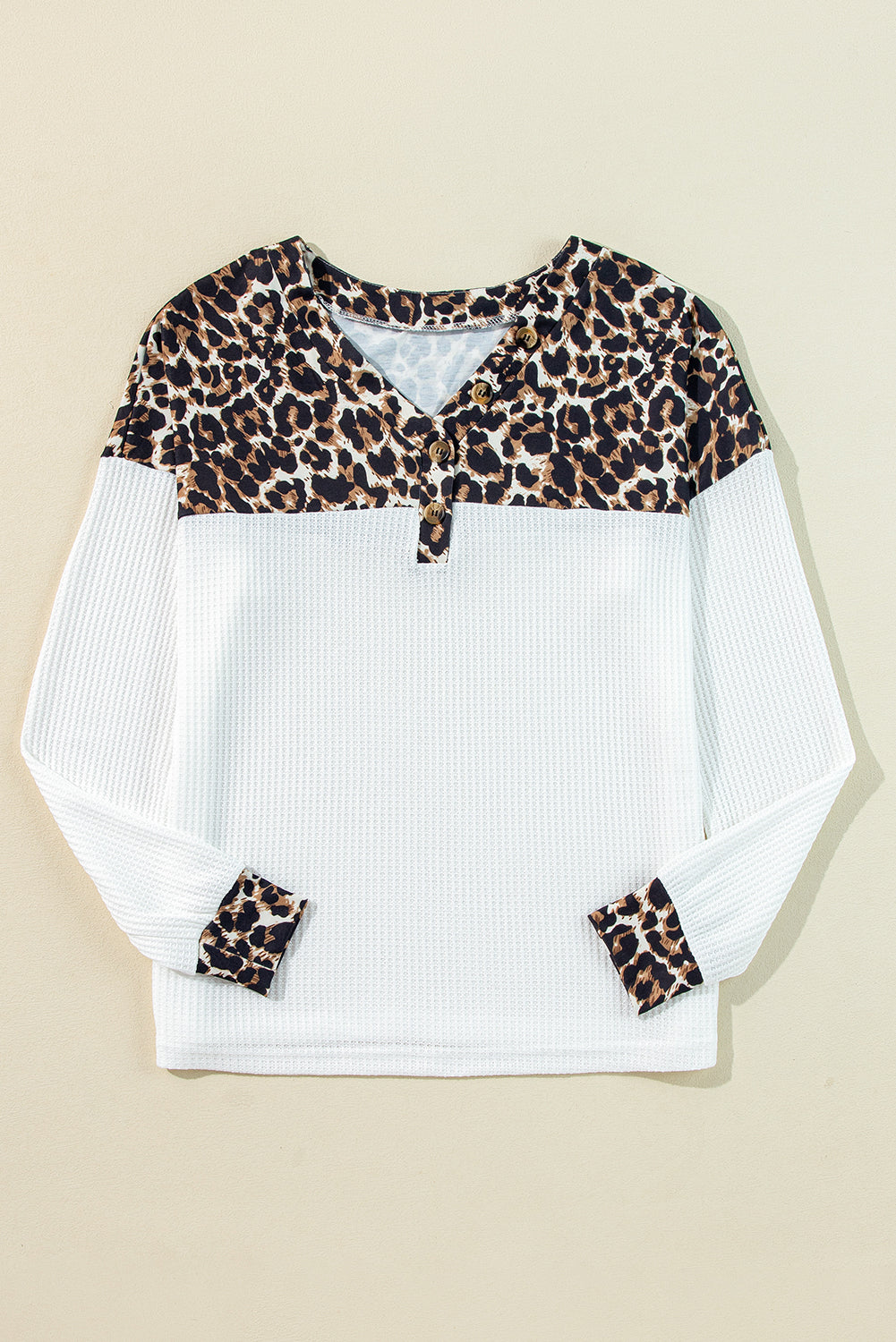 White Leopard Waffle Knit Patchwork Button V Neck