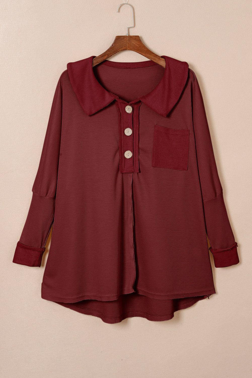 Red Waffel strickte Buttoned Long Sleeve Top