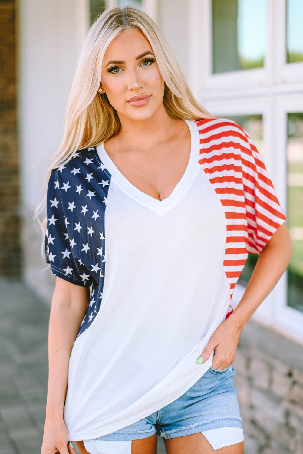 White the US Stars and Stripes V Neck Tee