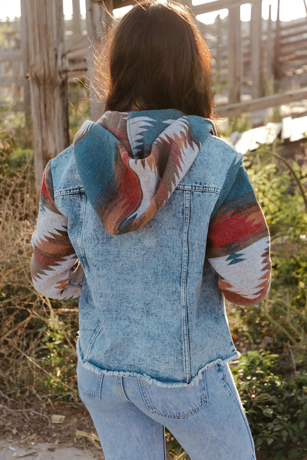 Multicolor Aztec Print Frayed Hem Denim Jacket