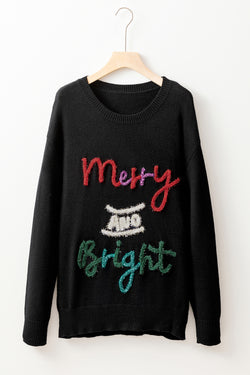 Merry and Bright Black Tinsel Graphic Christmas Sweater