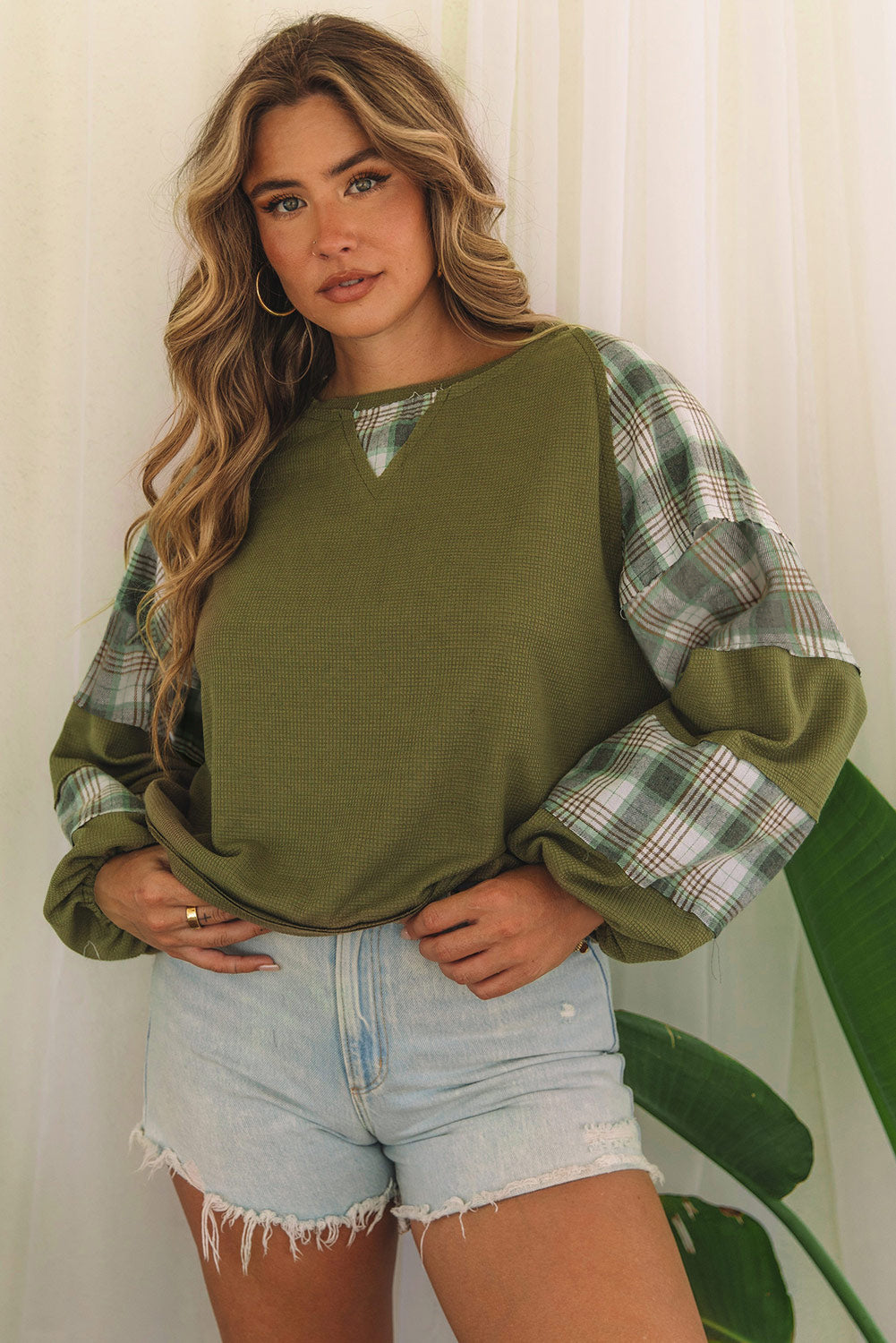 Green Plaid Waffle Knit Bubble Sleeve Top with Exposed Seams