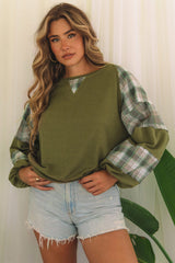 Green Plaid Waffle Knit Bubble Sleeve Top with Exposed Seams