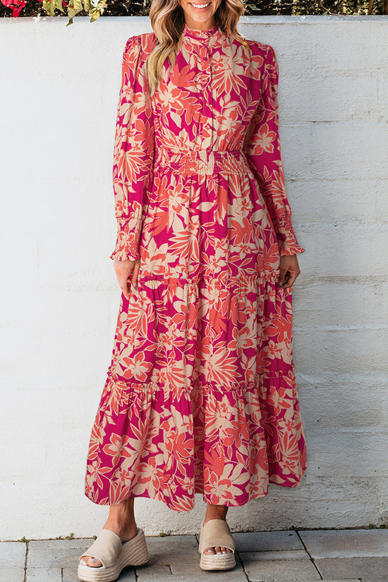 Pink Floral Print Buttoned Smocked High Waist Maxi Dress