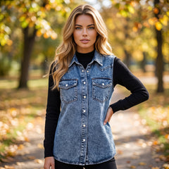 Gilet sans manches en jean bleu Ashleigh à poches poitrine