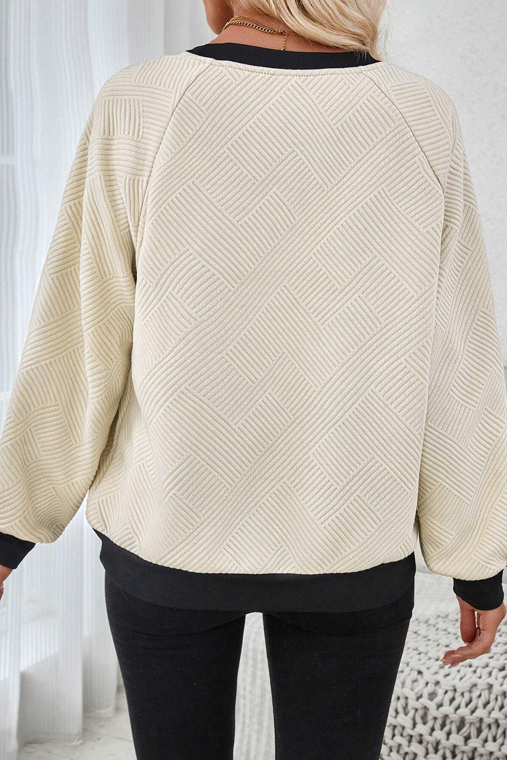 Jet Stream Textured Crew Neck Raglan Sleeve Top with Color Block Edges