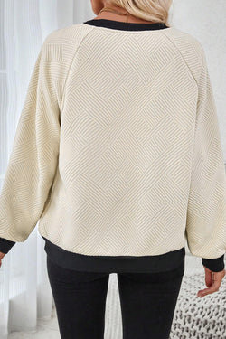 Jet Stream Textured Crew Neck Raglan Sleeve Top with Color Block Edges