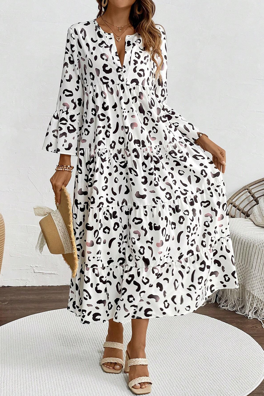 Vestido maxi de muesca de estampado de leopardo blanco V