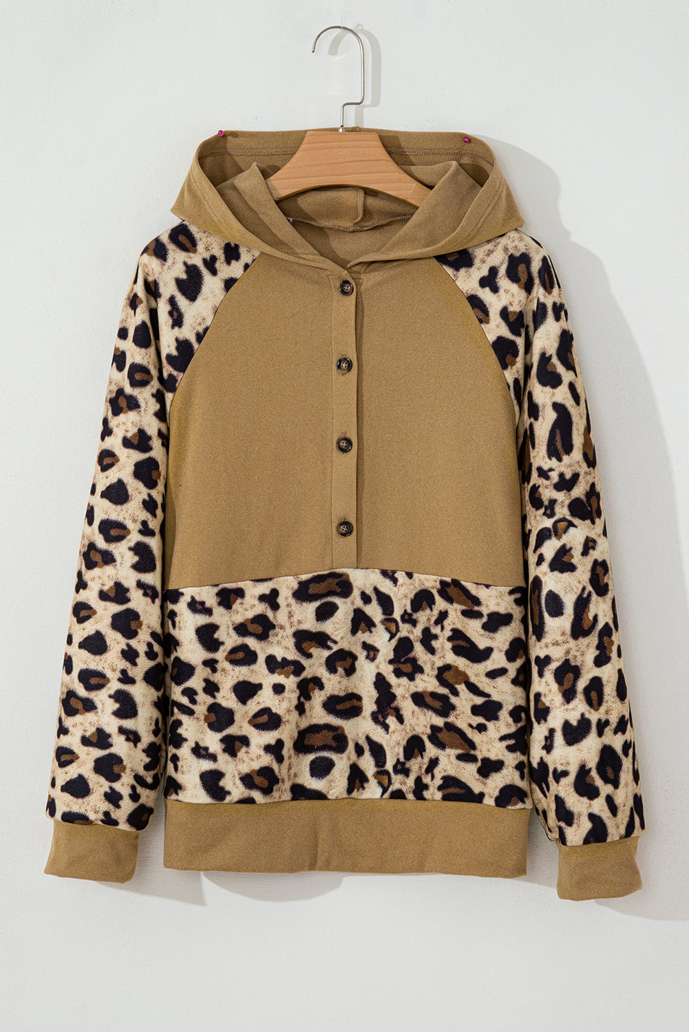 Light Beige Leopard Print Patchwork Half Button Raglan Sleeve Hoodie